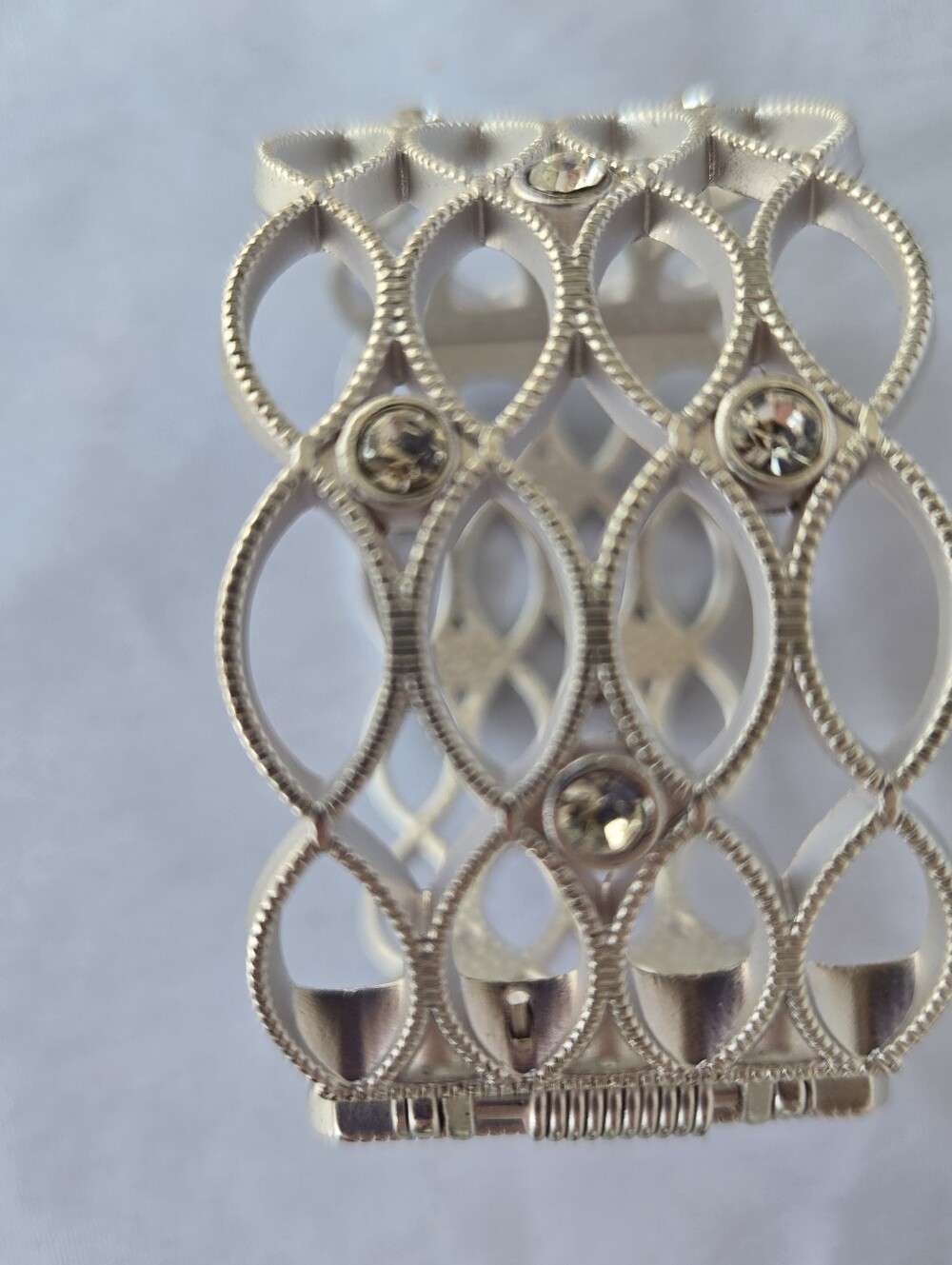 Set of 2 Silver Tone Statement Cuff Bracelets –Rhinestone Openwork & Modern Wide - Picture 7 of 13